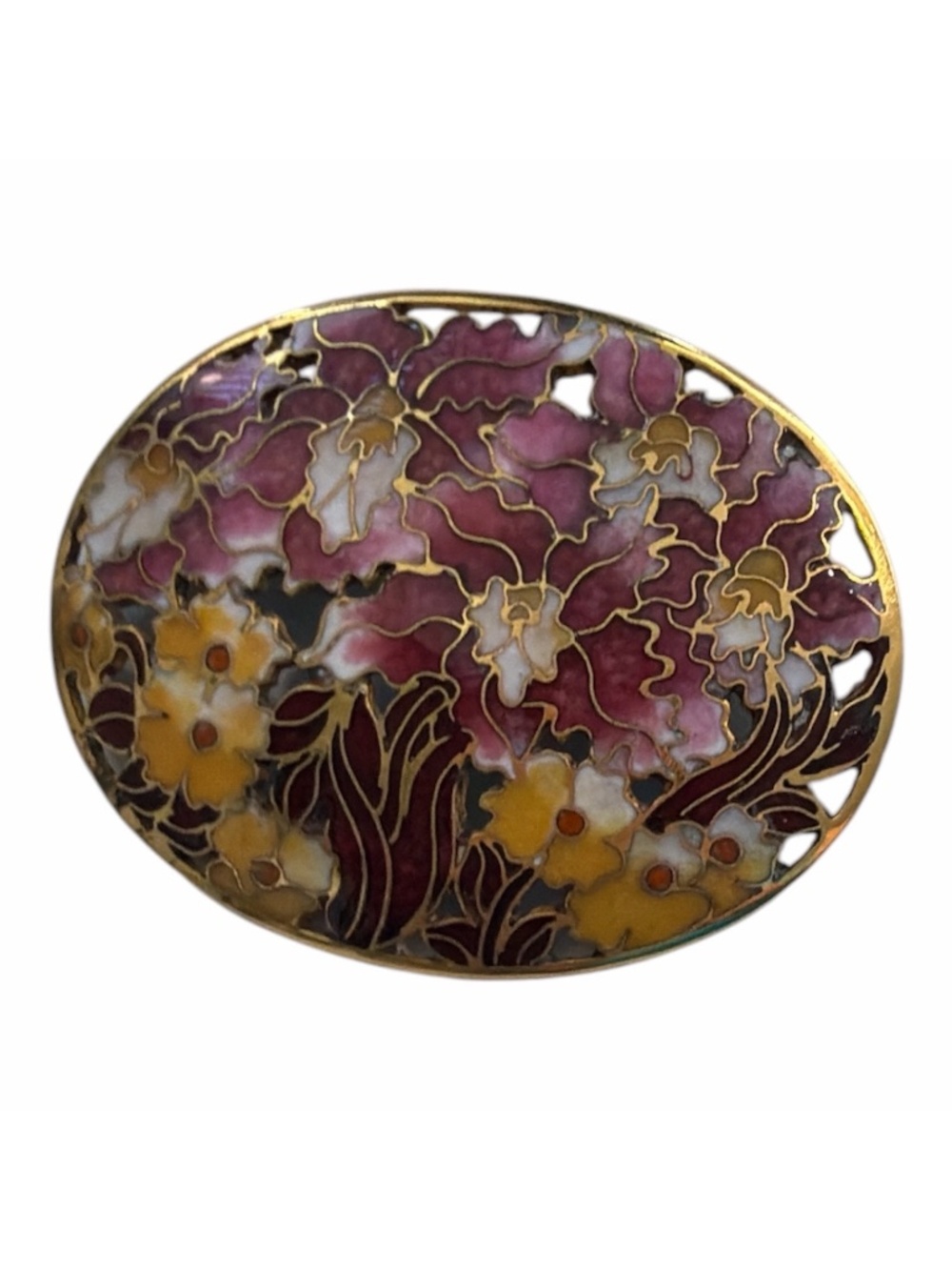 Vintage Cloisonné Floral Enamel Brooch – Pink & Yellow Blooms